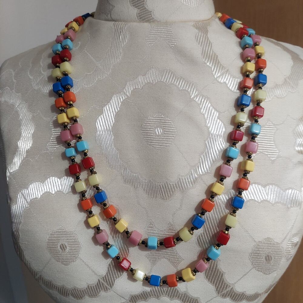 Antique 1920's Huge 60" Czech Harlequin Glass Multi Color Beaded Necklace
